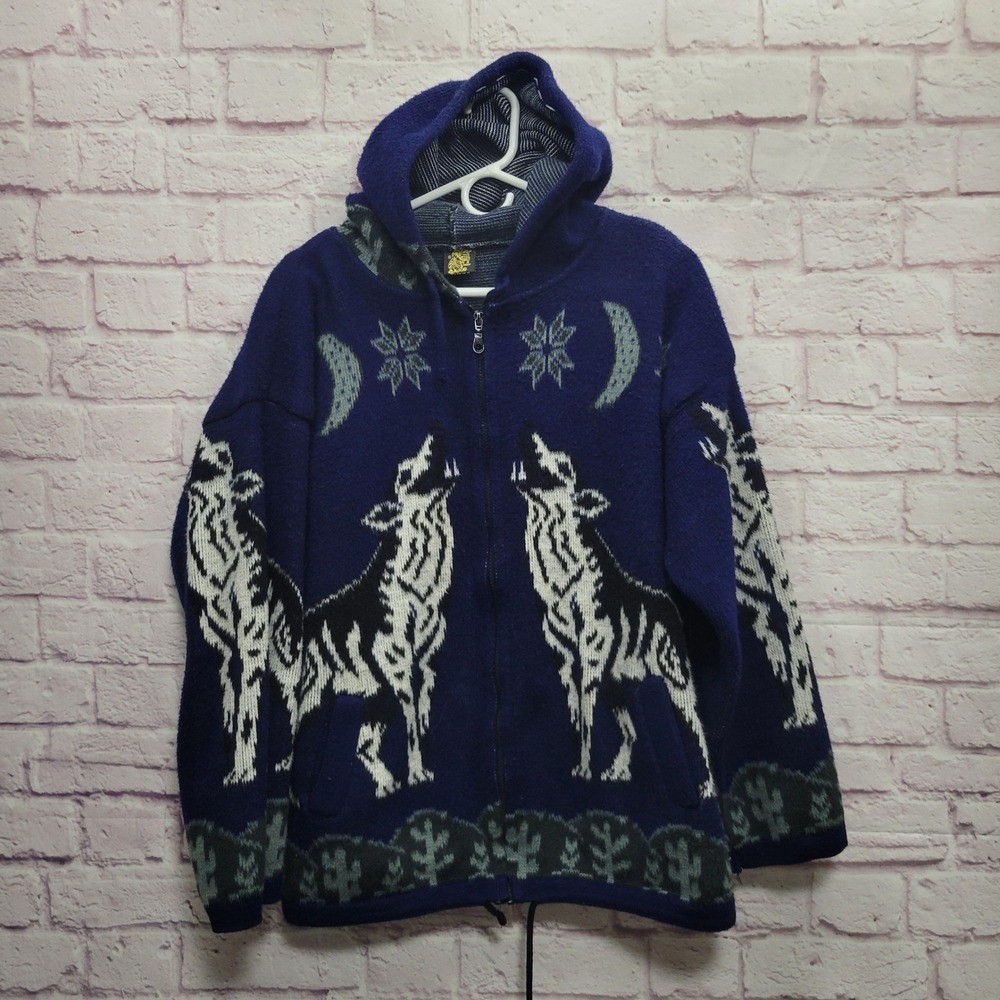 VTG Andes Artesanias Wolf‎ Full Zip Hoodie M Blue Ecuador Wool Boho Cottagecore